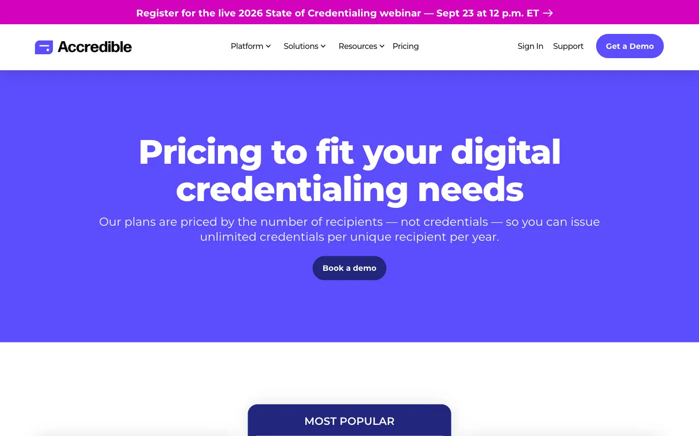 Accredible’s public pricing page showing Launch and custom plans.