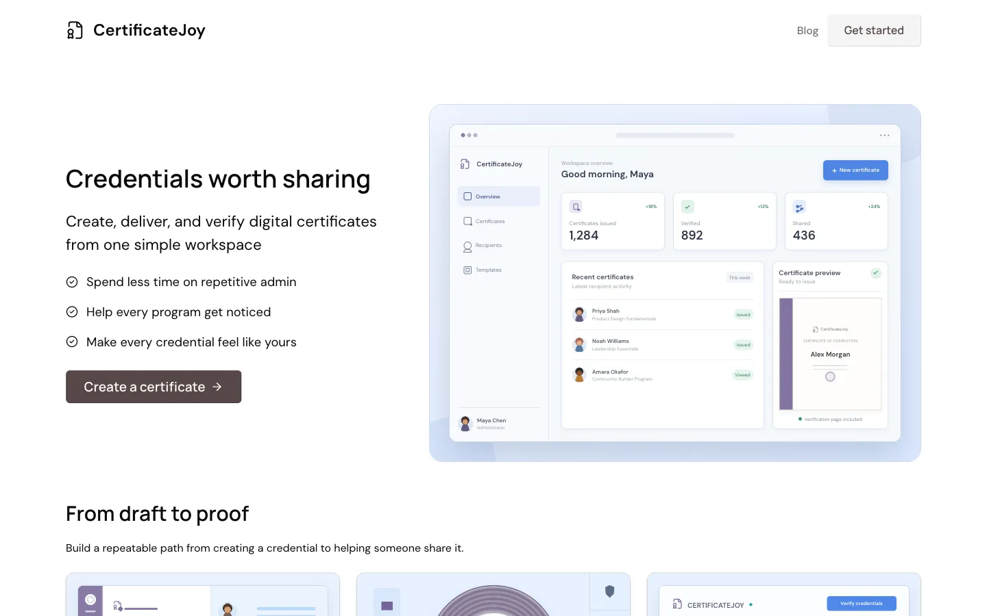 CertificateJoy’s public product-direction preview showing certificate activity, verification, and sharing.