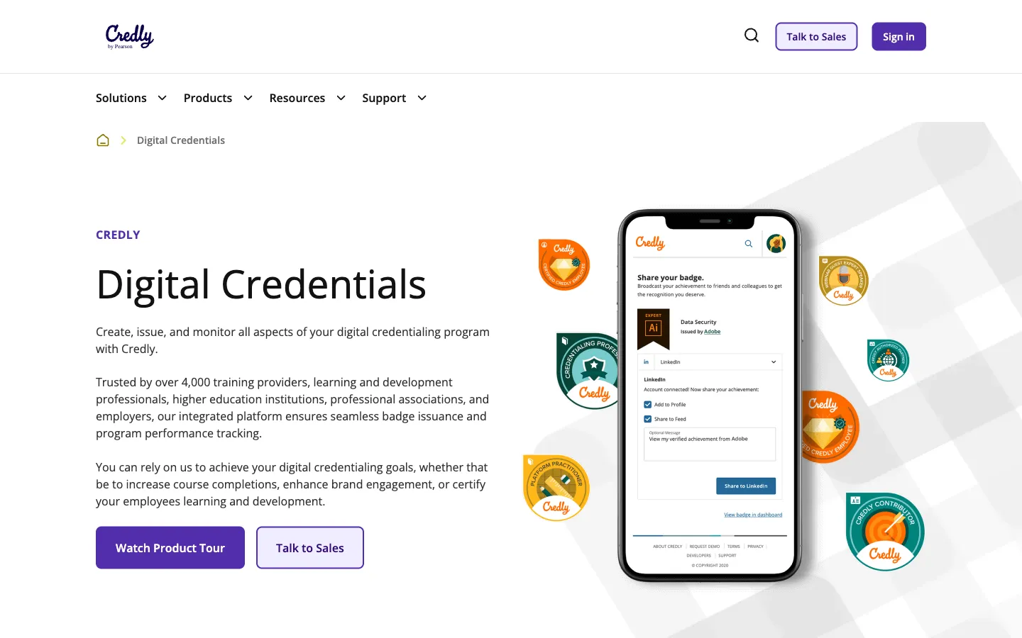 Credly’s public Acclaim product page for enterprise credential programs.