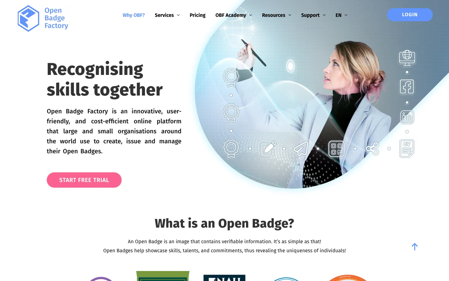 Open Badge Factory’s public badge platform page.