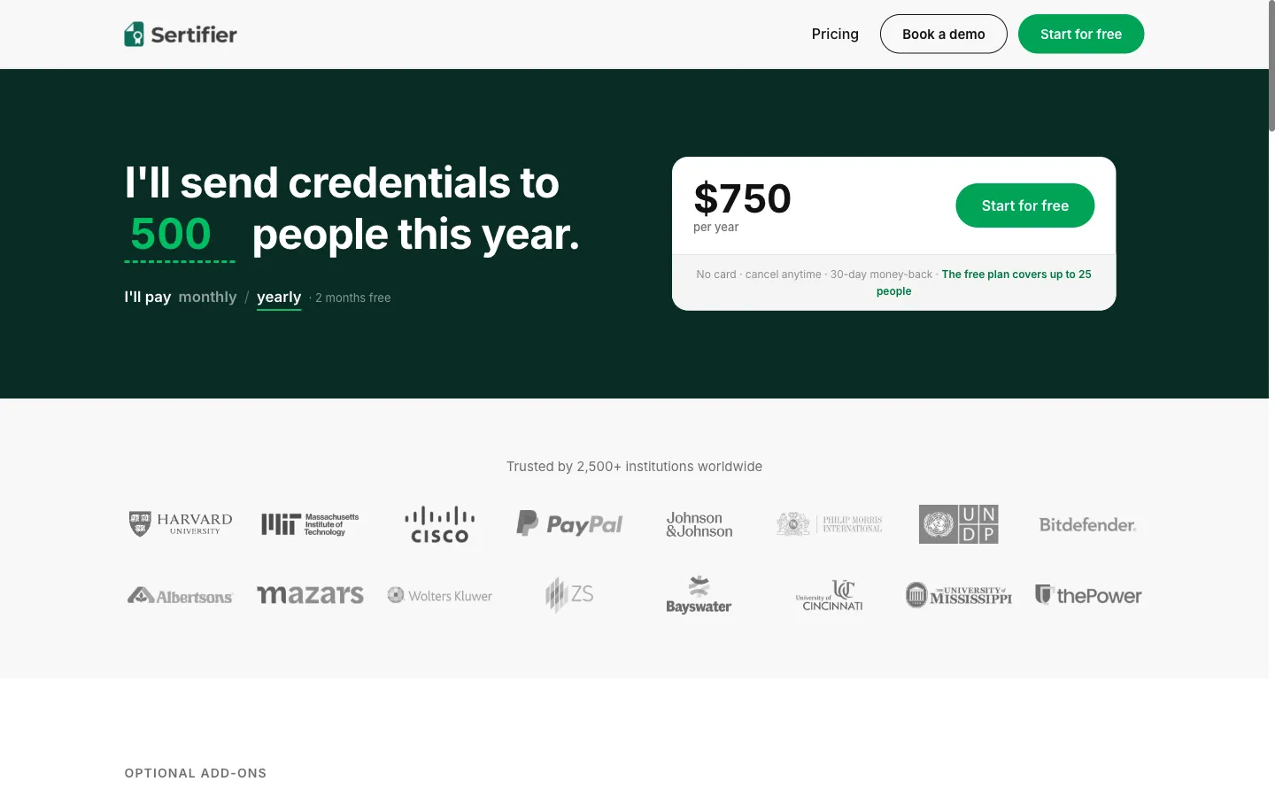 Sertifier’s public recipient-based pricing calculator.