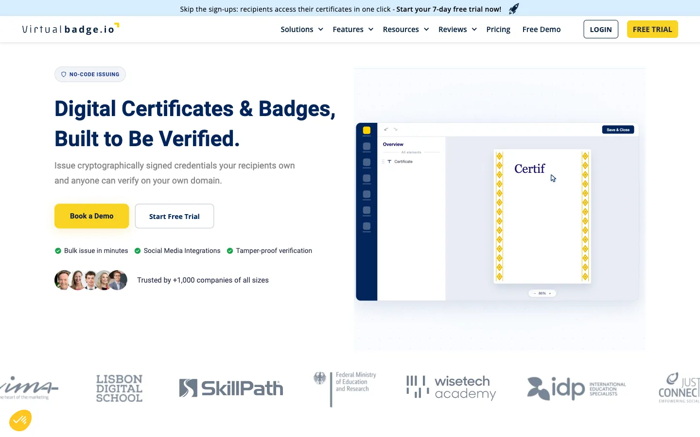 Virtualbadge.io’s public platform page showing its certificate and badge workflow.